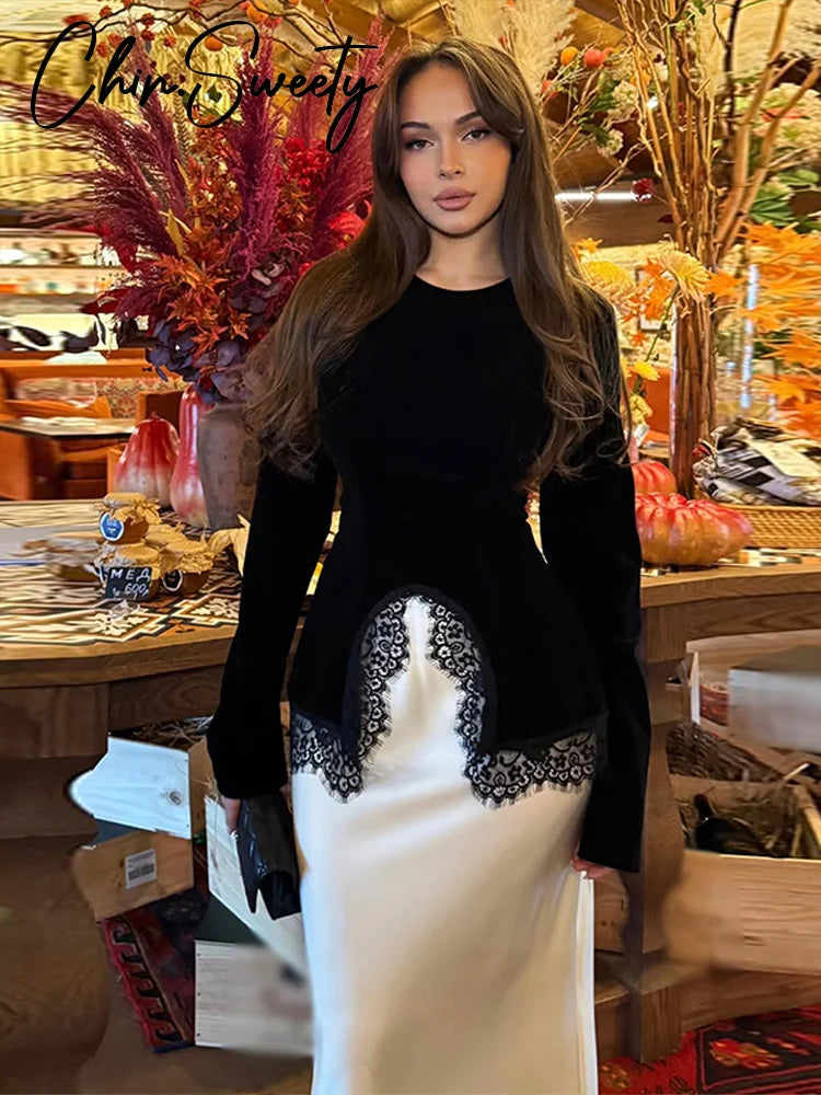 Elegant Lace Velvet Patchwork Women Top Flare Long Sleeve O-neck Split Female Blouse 2026 Spring Summer Lady Clothes New