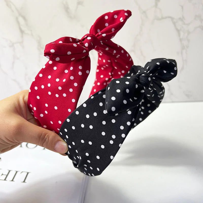 Chic Polk Dots Print Headband with Bunny Bowknot for Women Girls Daily Use Head Wears