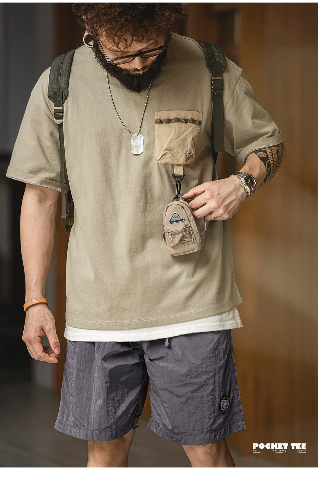 Maden Casual Outdoor Spliced Pocket Short Sleeve T-Shirt Men's Summer Loose Fit Breathable Round Neck Tee Comfortable Street Top