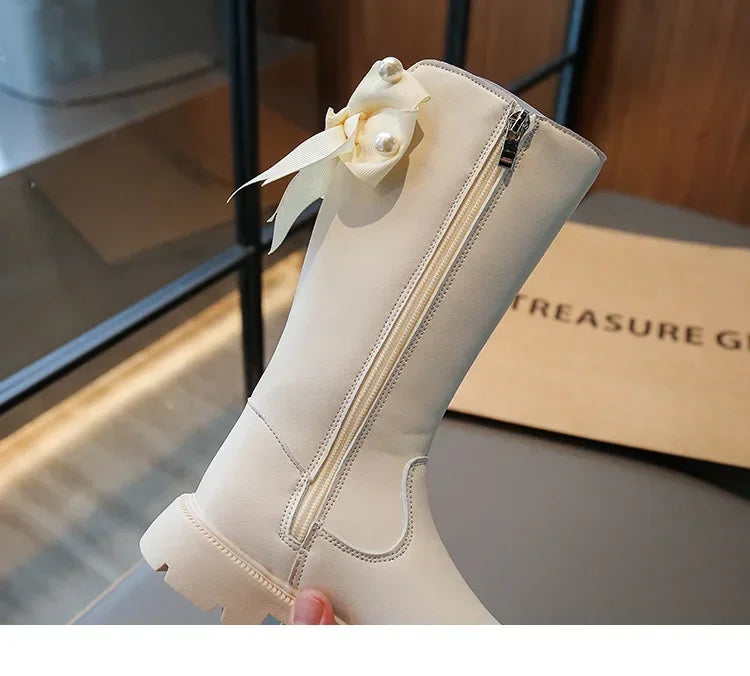 Knee Length Boots Children Shoes New 2024 Autumn Winter Fashion High Top Student Shoes Girls Princess Shoes with Bow Kids Boots