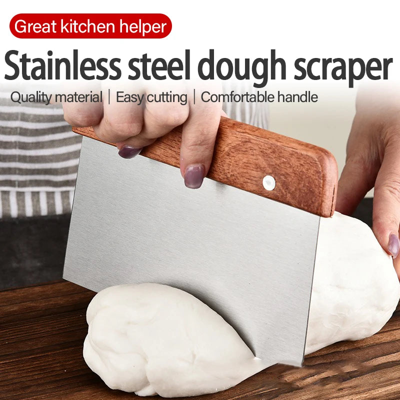 Stainless Steel Dough Cutter Scraper with Wooden Handle, Bread Baking Accessories for Sourdough Tools, Cake Scraper