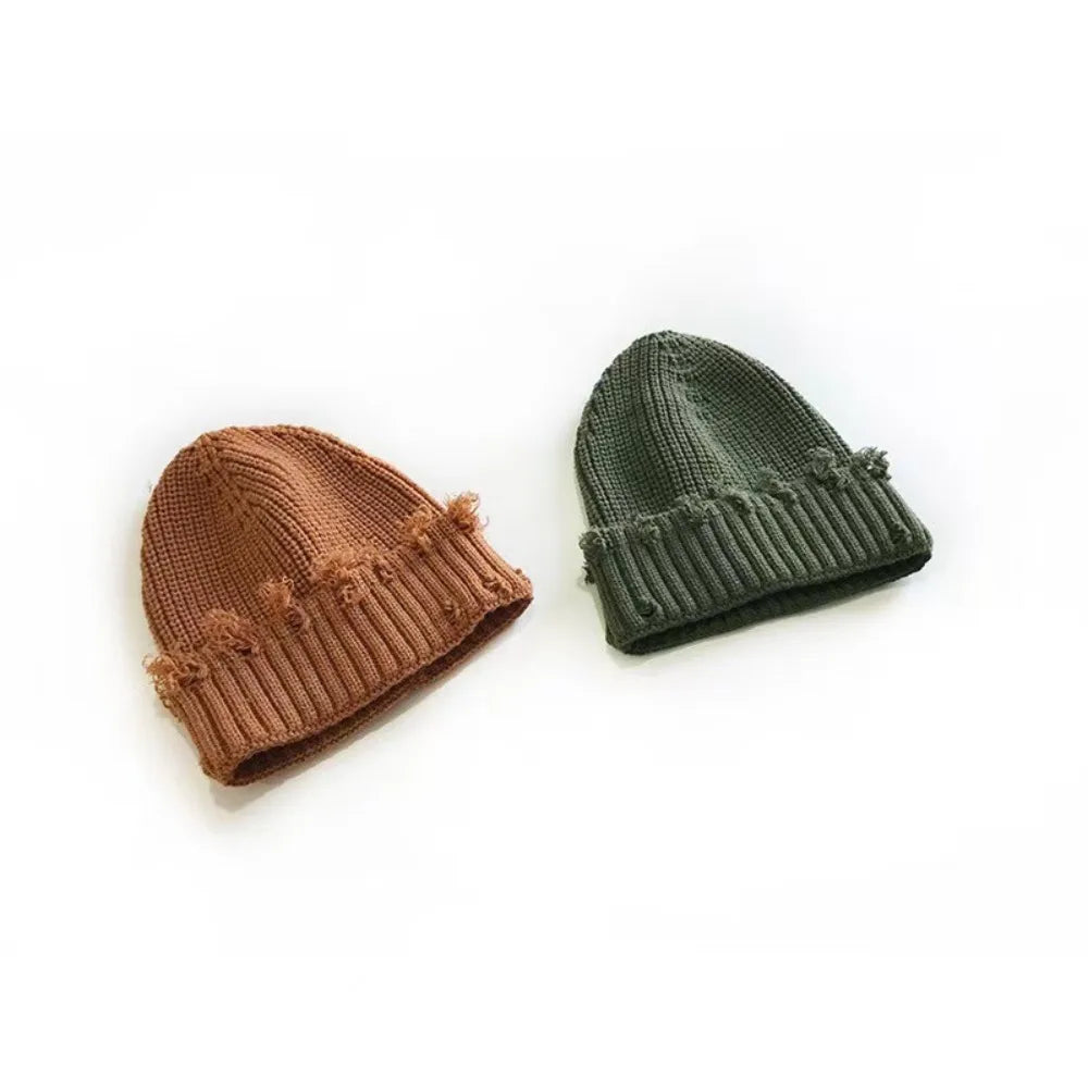 Solid Color Dilapidated Hole Knitted Hat Thickened Ear Protection Warm Cap Beanie Cap Hip-Hop Hat Unisex Pompoms Hat