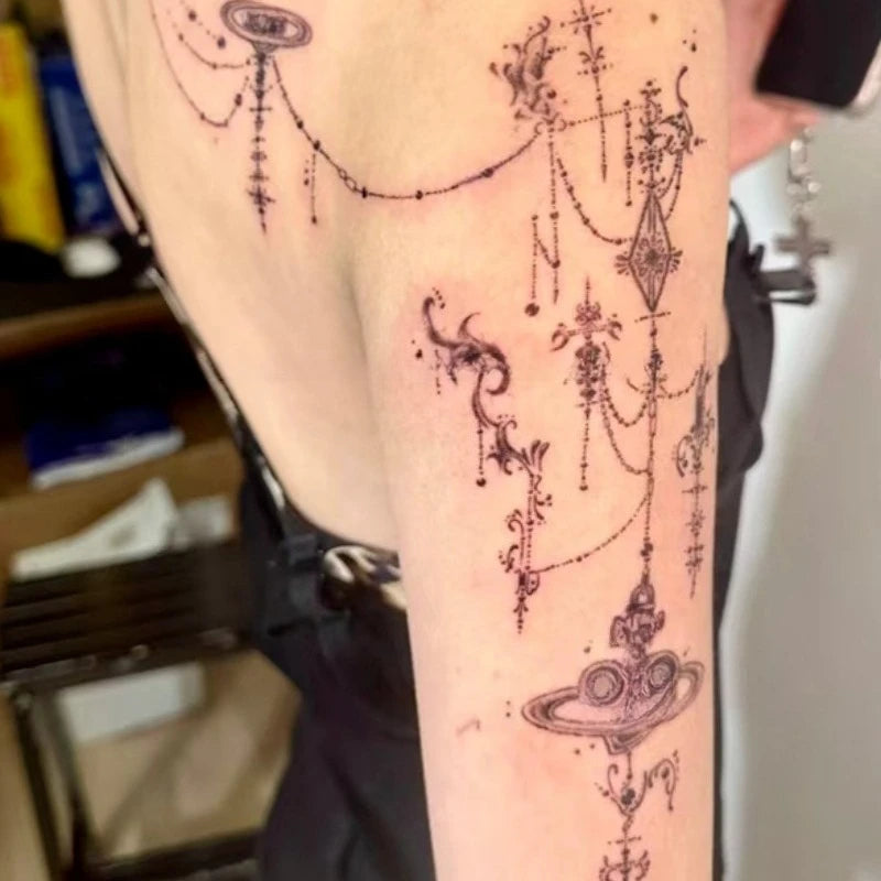 Herbal Saturn Temporary Tattoos Planet Fake Tattoo for Woman Man Art Tattoo Sticker Heart Tassel Pendant Tatuajes Temporales