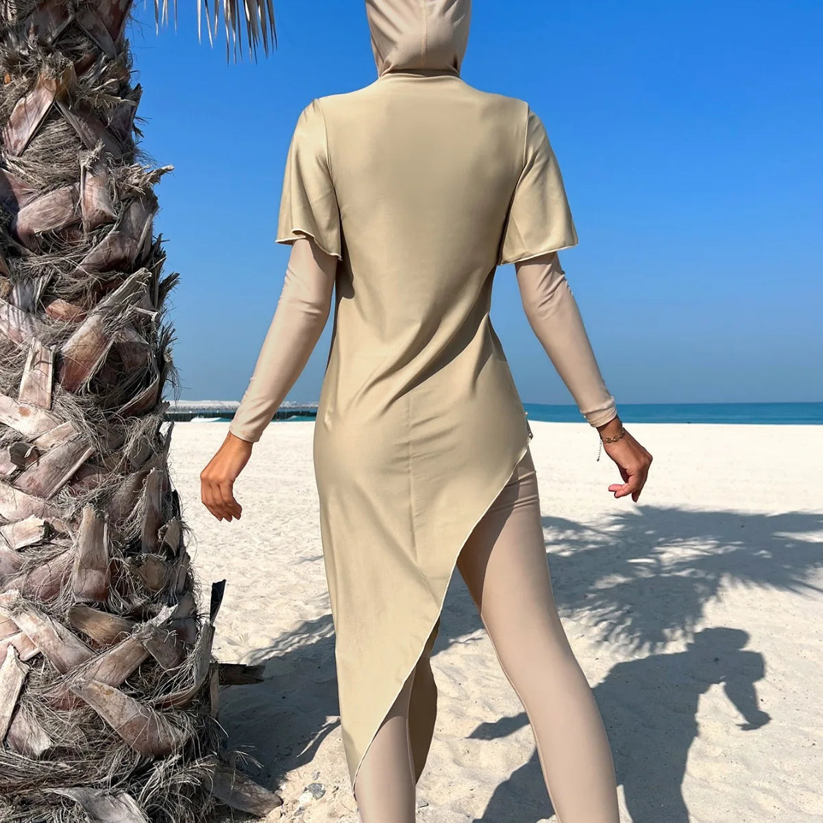 2pcs Beige Burkini Femmes Swimsuit set for Muslim women Burkini with Hooded All Cover beach Wear diving suit with SPF50+