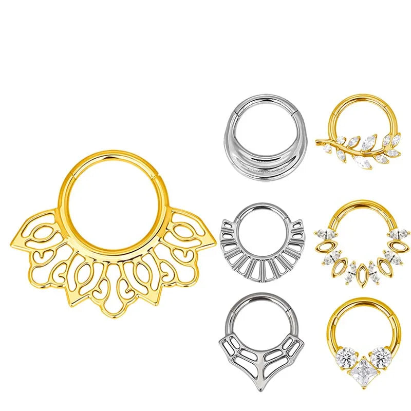 ASTM F136 Titanium Nose Rings PIERC Fan-shaped and Side CZ Ring Hoop EAR Hinged Clicker Earring Labret Tragus Ring Body Piercing