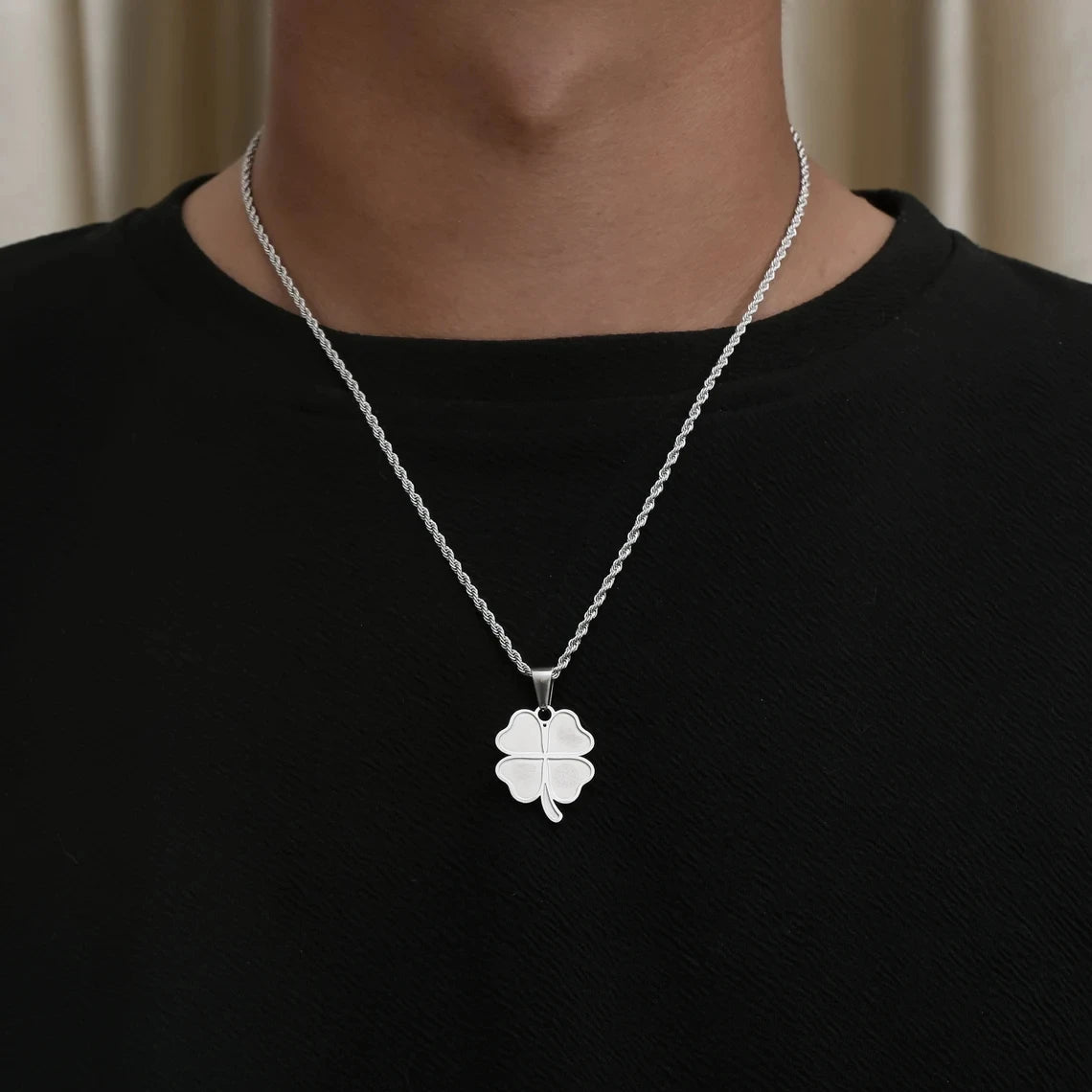 Lucky Leaf Necklaces for Men Women,Stainless Steel Four Leaf Clover Pendant Necklaces,Stylish Causal Jewelry Gifts