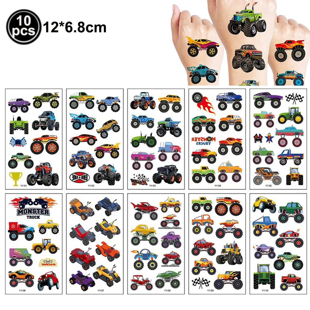 Monster Truck Temporary Tattoo for Boys Racing Car Checkered Flag Wheel Fake Tattoo Stickers Monster Truck Birthday Party Favors