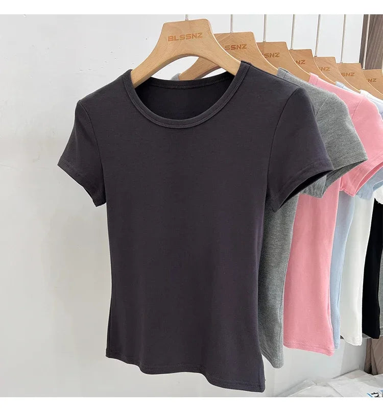 AOSSVIAO 2026 Summer White Cotton O Neck T-shirt Student Short Sleeve Versatile Tops Solid Slim Fit T Shirts Y2k Tee