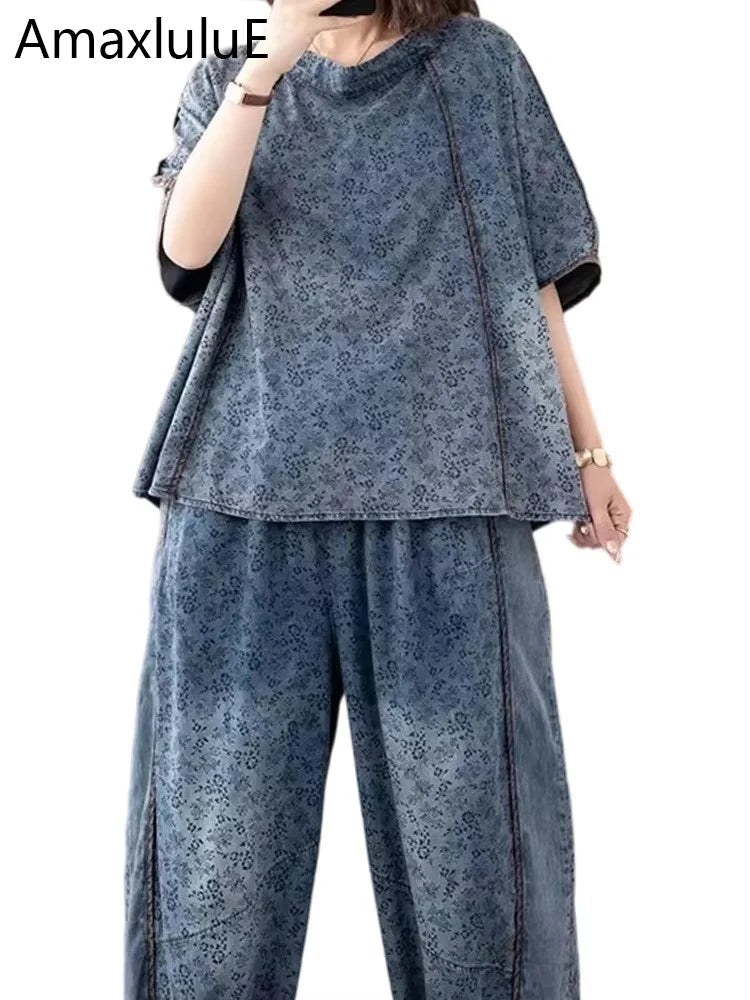 AmaxluluE 2025 Summer Women Denim Suits Loose Printed Two Pieces Sets Floral Outfit O Neck Tops Tees Vintage Jeans Fashion Pants