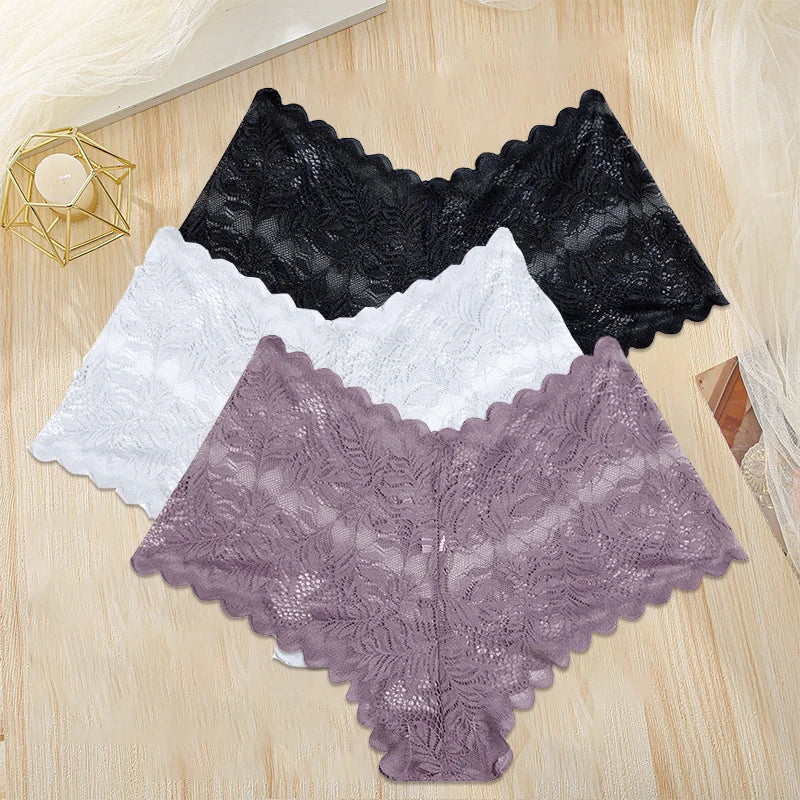 FINETOO 3PCS/Set Women Floral Lace Panties High Waist Briefs Sexy Lingerie Pantys S-XL Underpants Female Underwear Intimates