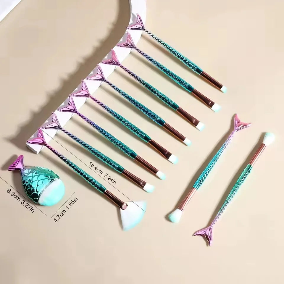 10/11-Piece Mermaid Makeup Brush Set – Creative & Cute Cosmetic Kit for Girls, Perfect Birthday Gift