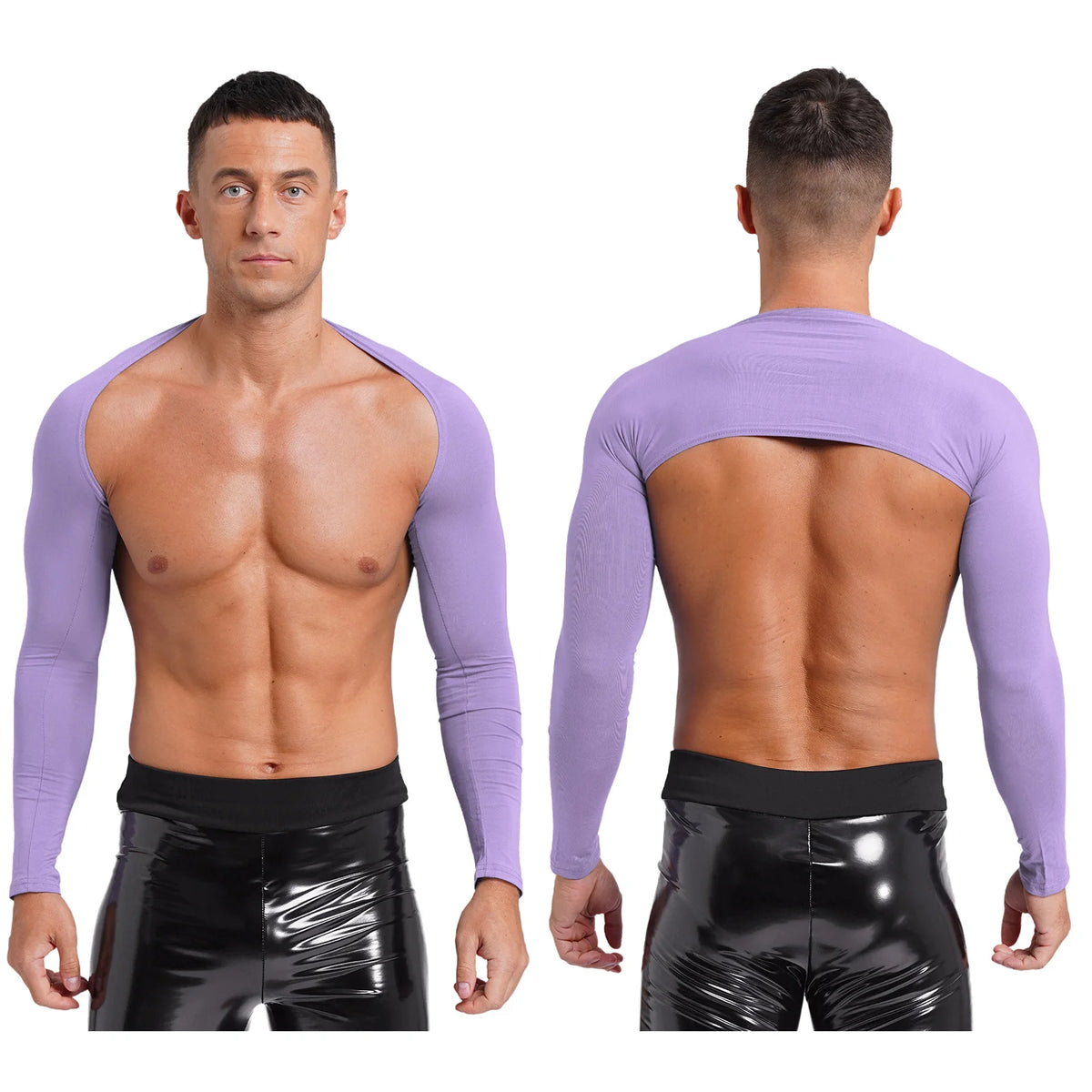 Men Open Front Half Crop Top Solid Long Sleeve Cardigan Bolero Shrug Tops Muscle Arm Sleeves Workout Sports Gym Tops Clubwear