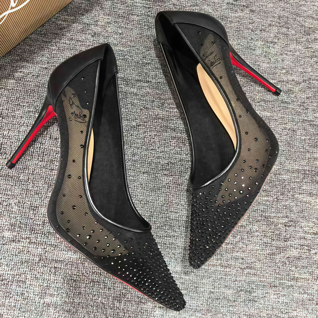 Zapatos de tacón de mujer con encaje de malla negra de lunares, punta afilada, suela roja, tacones altos de 8, 10 y 12 cm, talla 35-42
