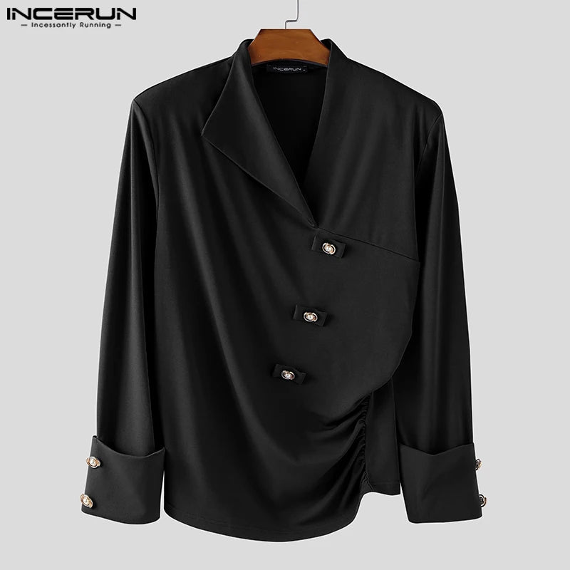 INCERUN Men Irregular Shirt V Neck Long Sleeve Solid Color Men Clothing Loose Pleated Streetwear 2025 Casual Irregular Shirts