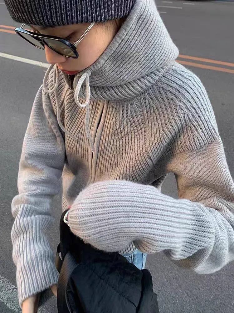 High-end double zipper hooded 100% cashmere knitted cardigan women's sweater loose hooded sweater for autumn winter wool coat