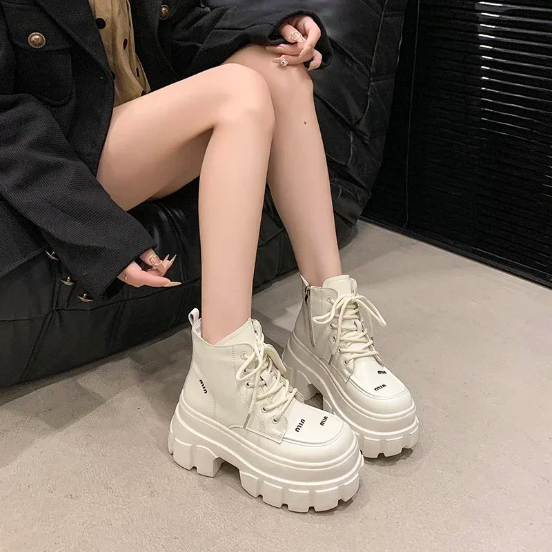 9CM Autumn High Platform Leather Boots Wedge Heels Ankle Boots Winter Women Lace-up Warm Shoes Motorcycle Chunky Sneakers Woman