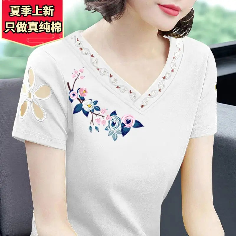 Simplicity Office Lady Summer New Pure Cotton Women's Solid V-Neck Embroidered Fashion Casual Loose Short Sleeve T-Shirts Tops
