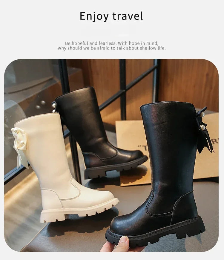 Knee Length Boots Children Shoes New 2024 Autumn Winter Fashion High Top Student Shoes Girls Princess Shoes with Bow Kids Boots