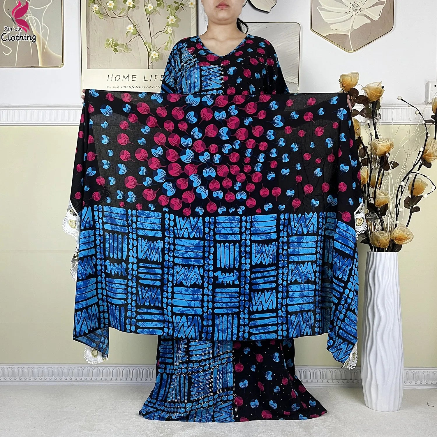 2025 New Summer Abaya Short Sleeve Dress With Big Scarf Printing Floral Loose Dress Islam Kaftan Women African Abaya Clothing