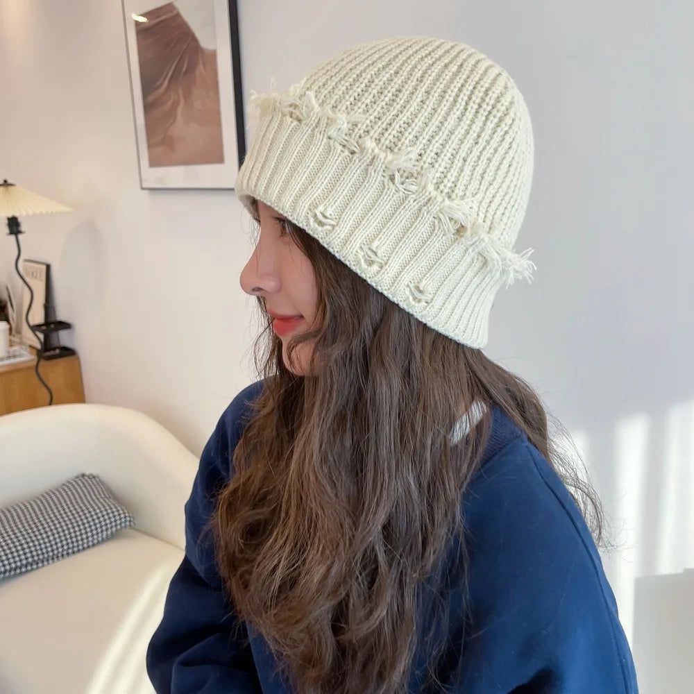 Solid Color Dilapidated Hole Knitted Hat Thickened Ear Protection Warm Cap Beanie Cap Hip-Hop Hat Unisex Pompoms Hat