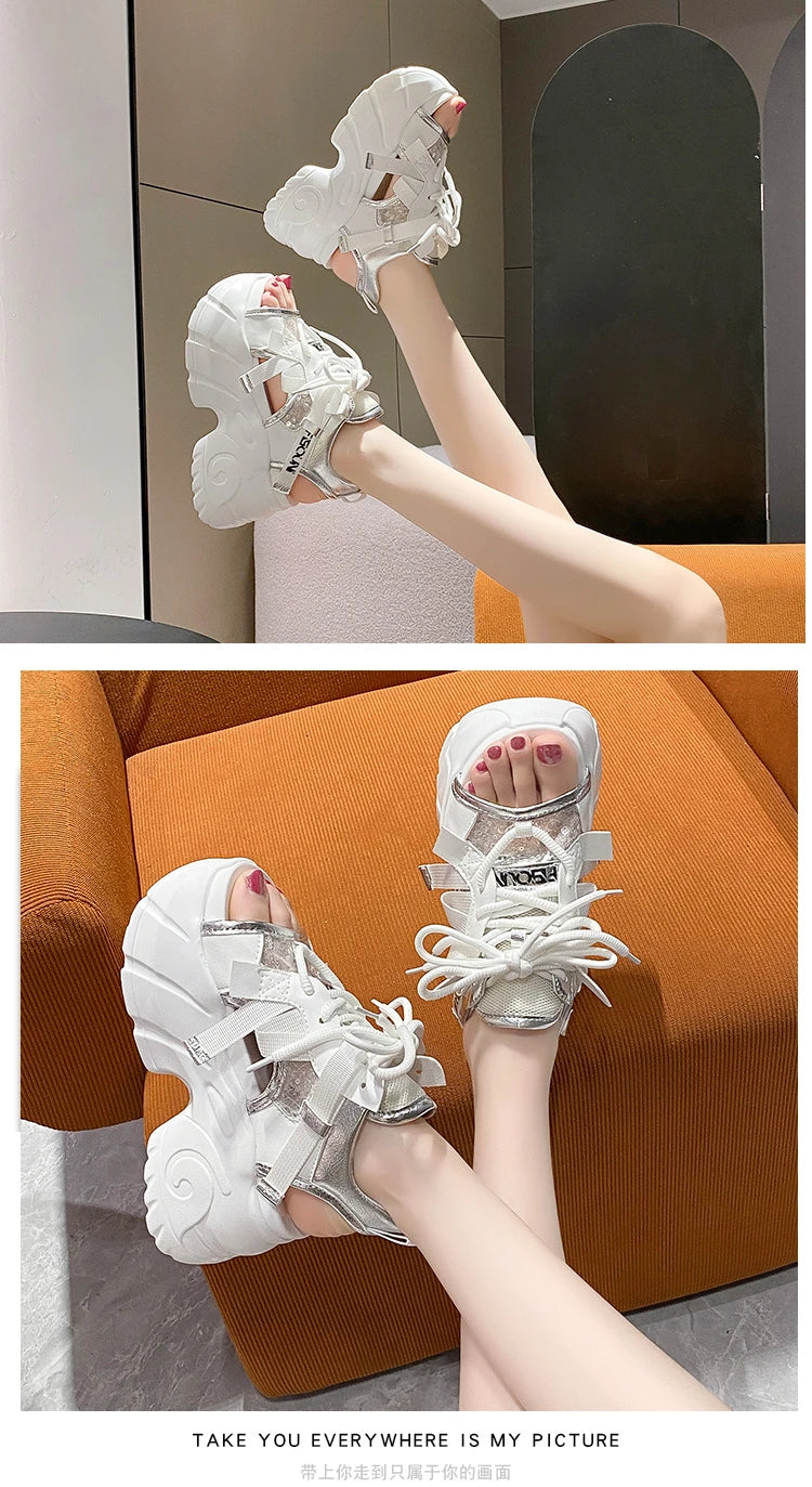 New High Platform Sandals Woman Summer Mesh Chunky Sneakers Female Wedges Slippers For Women Peep Toe Sandalia Feminina 8.5CM