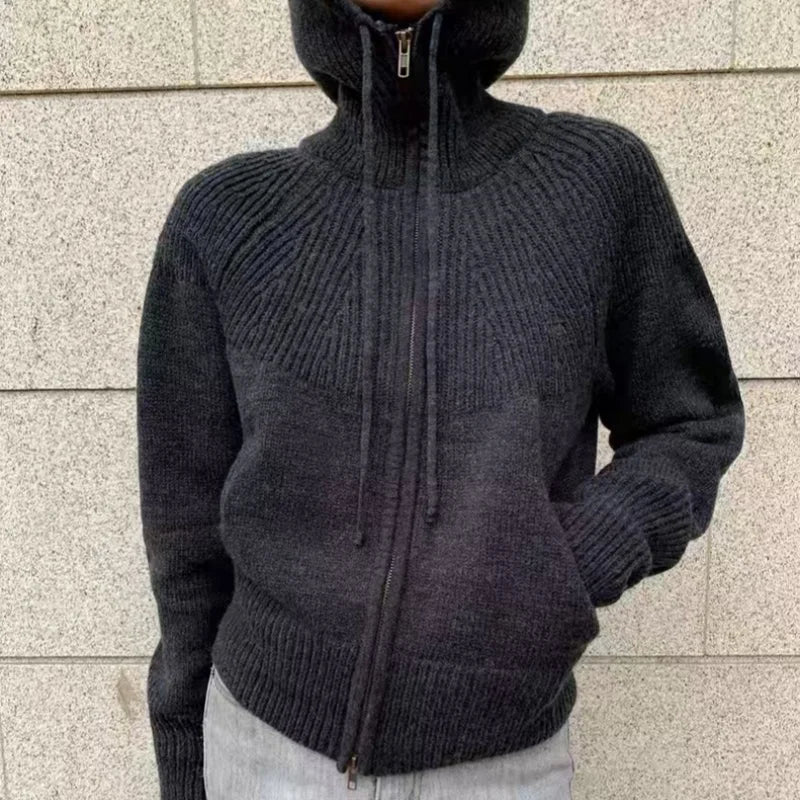 High-end double zipper hooded 100% cashmere knitted cardigan women's sweater loose hooded sweater for autumn winter wool coat