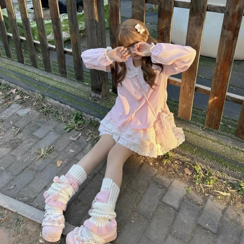 Japanese Lace Patchwork Lolita Sweet Shirt Embroidery Cartoon Kawaii Cute Blouses Harajuku Fairy Peter Pan Collar Grunge Blusas