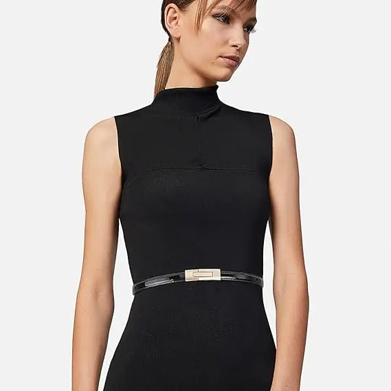 Women Skinny Genuine Leather Slim Belt Adjustable Alloy Buckle Waist Belt for Dress