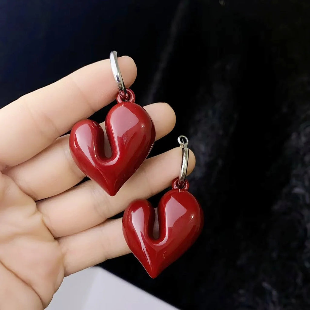 Vintage Wine Red Acrylic Heart Shaped Pendant Earrings For Women Fashion Handmade Round Hoop Earrings Party Jewelry
