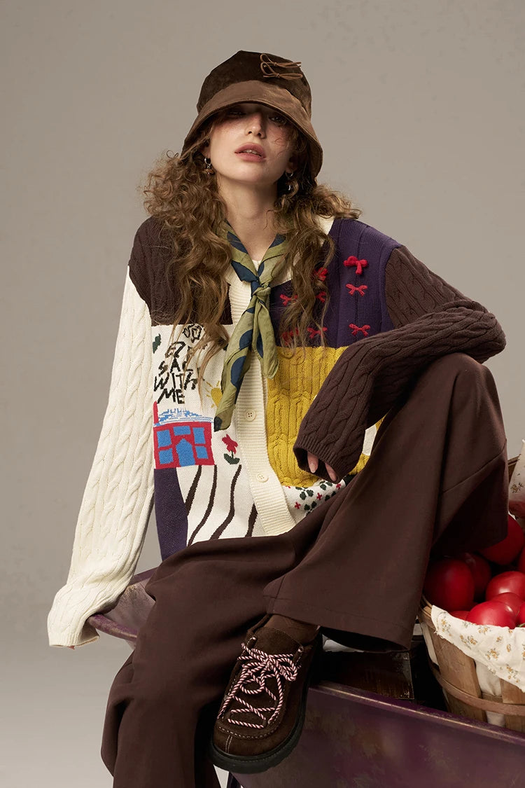 ELFSACK 2025 Autumn New Arrivals Casual Cute Color Block Puppy Cartoon Embroidery Cardigan Sweater For Woman