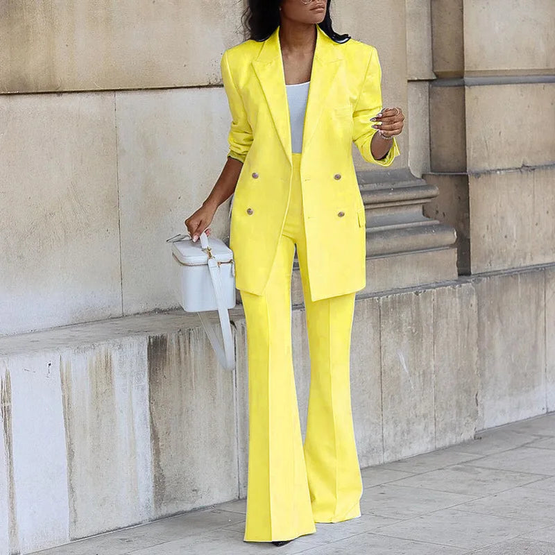 Fashion Wide-leg Trousers Women Blazer Set Autumn Winter Double-breasted Long Suit Coat Trousers Female Suit Office 2-piece Set