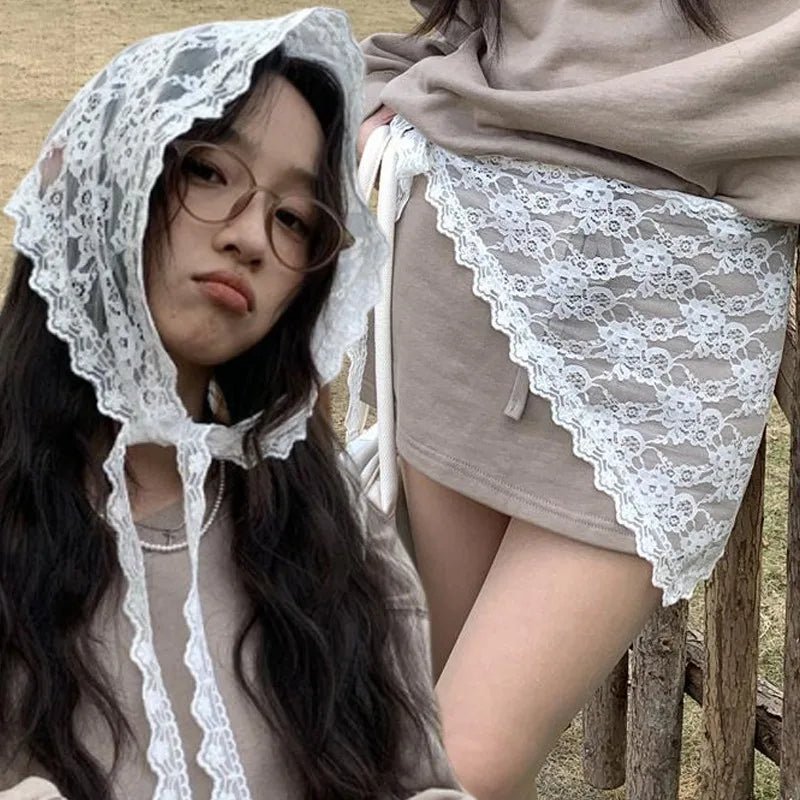 Lace Trim Bandana Triangle Scarf Delicate Ins Ruffled Lace Hair Scarf 2-in-1 Head Band Waist Accessory for Y2K Outfits Headscarf