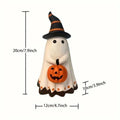 Halloween Ghost Figurine with Witch Hat Holding Pumpkin Lantern Statue Home Tabletop Ornament Spooky Party Decor Indoor Ornament
