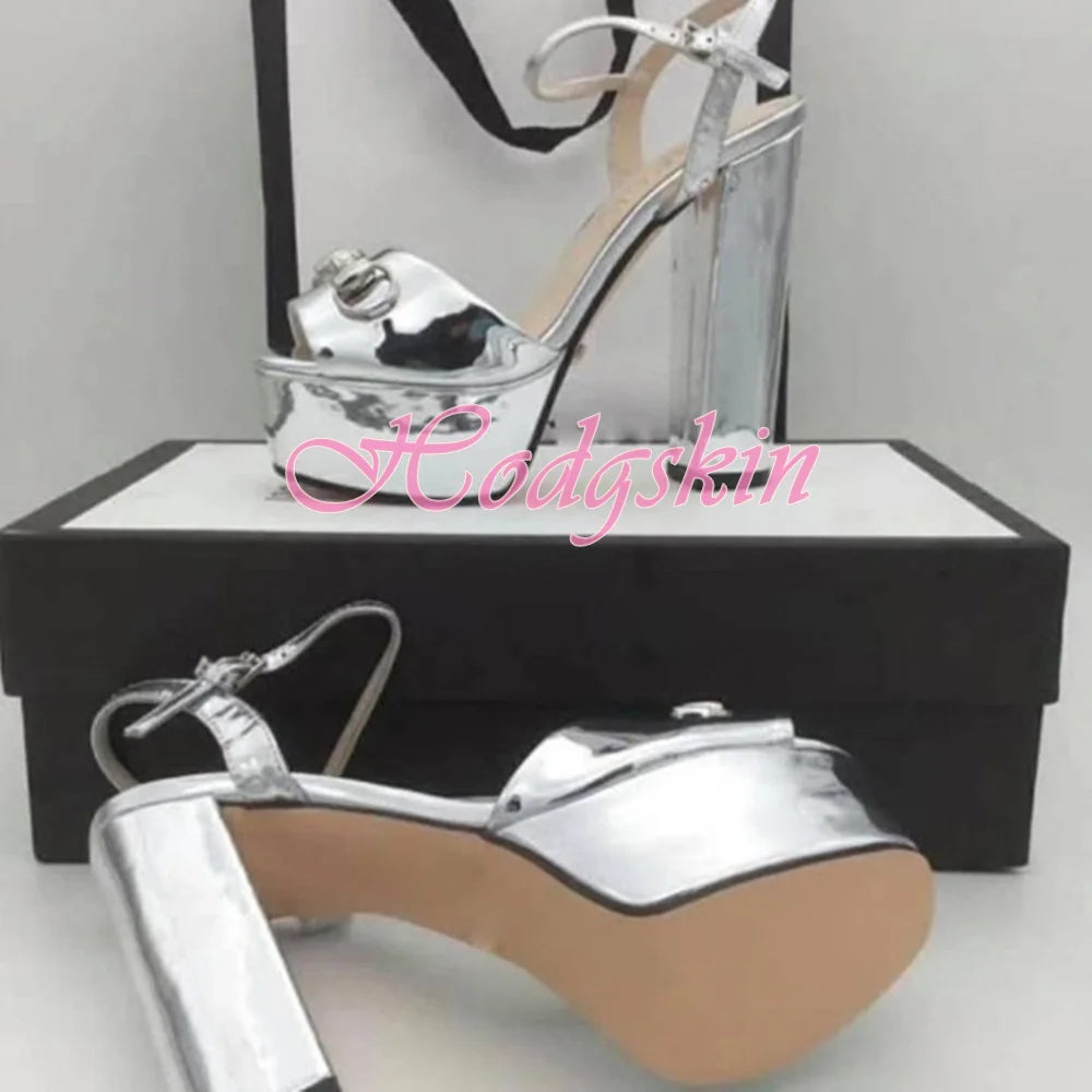 Peep Toe Platform Patent Sandals Chunky High Heels Solid Ankle Buckles Strap Design Women Shoes Super Heel Big Size Party Sandal
