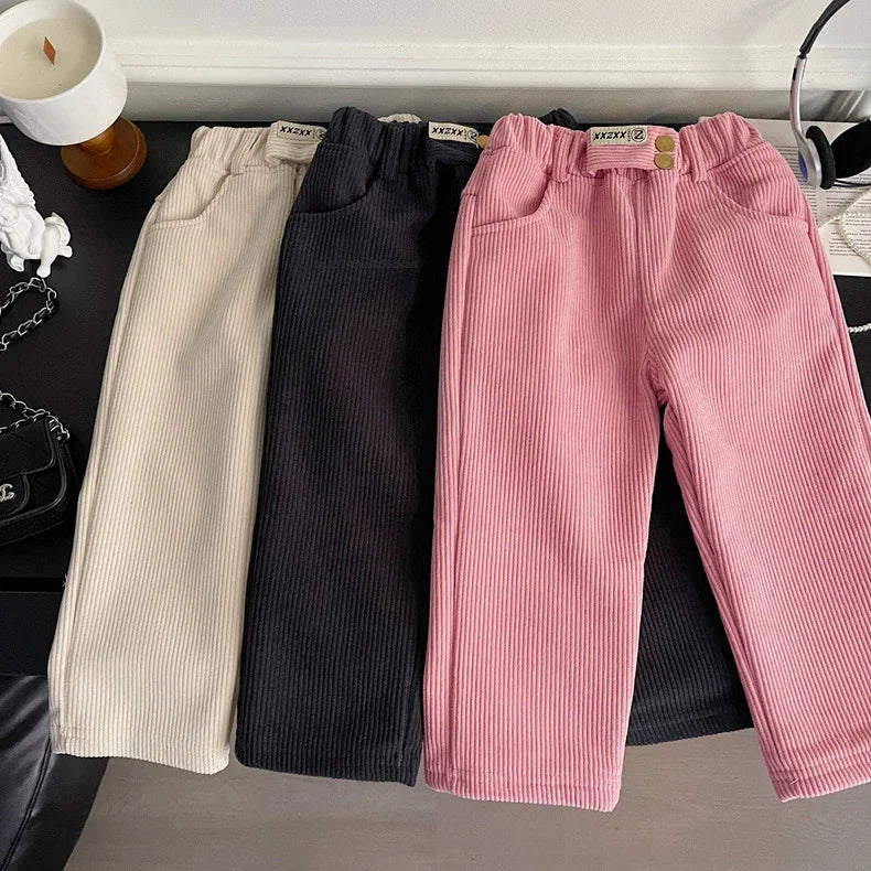 Kids Warm Pants Boy Girls Autumn Winter Corduroy Thick Outer Wear Sports Trousers 1-9Y Children Clothes Casual High Waist Pants