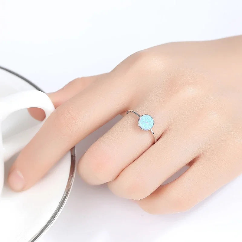 Trumium 925 Steriling silver Round Opal Stone Rings for Women Vintage Simple Ring Anniversary Wedding Gift Trendy Jewelry