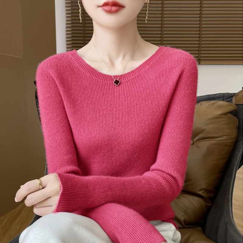 Early Fall New Crew-Neck Sweater Elegant High Elastic Simple Solid Color Thin Knit Crew-Neck Sweater Long Sleeve-GH458
