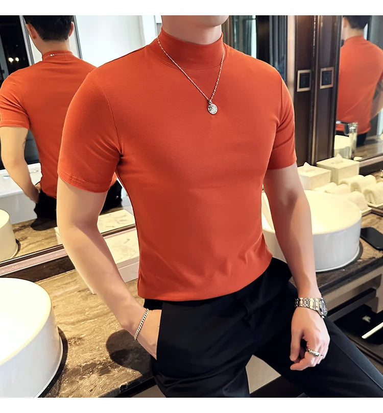 Spring Summer Men's Half High Neck Short Sleeve T-shirt Korean Slim Fit Solid Color Bottom Shirt Casual Cotton Elastic T-shirts