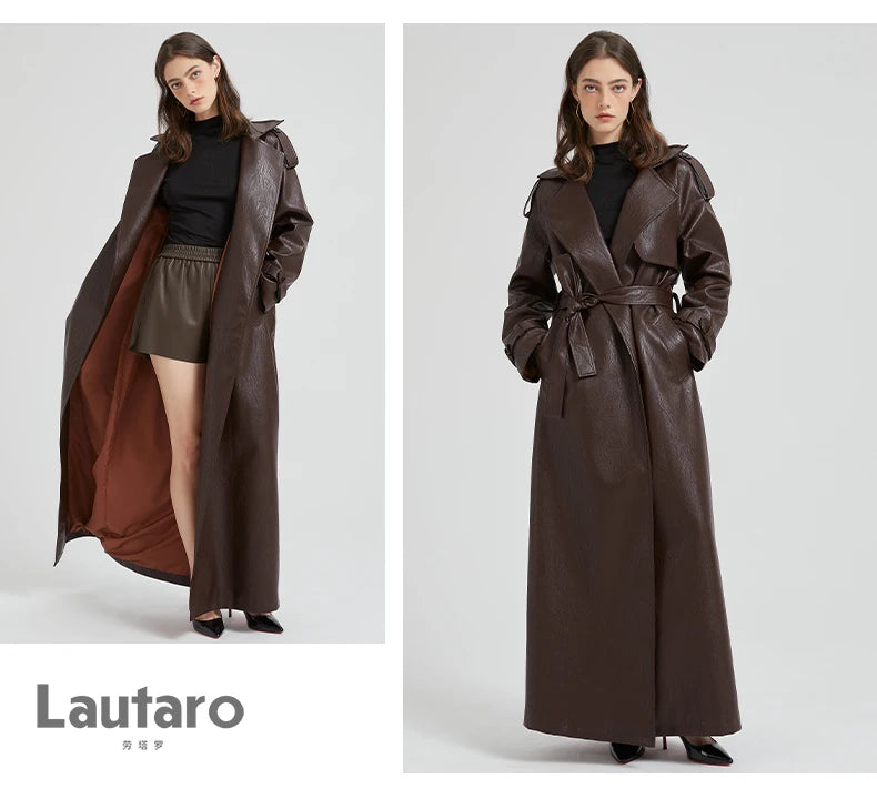 Lautaro Spring Autumn Extra Long Brown Pu Leather Trench Coat for Women Sashes Luxury Chic Overcoat Runway European Fashion 2024