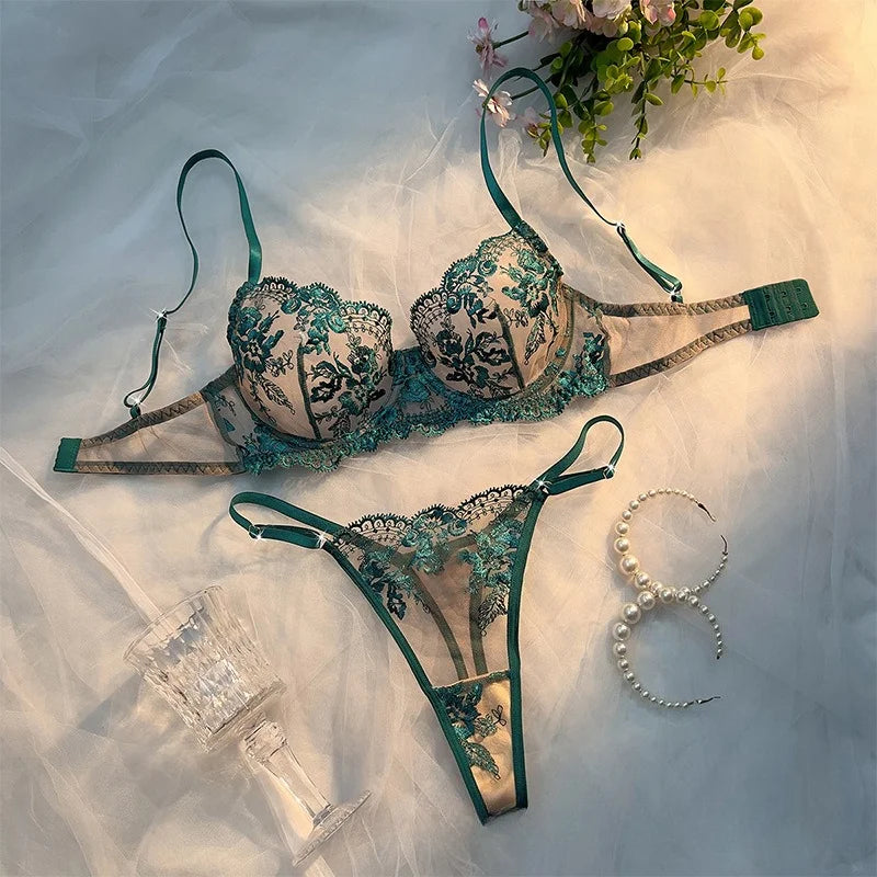 Sexy Lace Floral Bra Set Women Ultra Thin 2 Piece French Bralette Panty Set Transparent Embroidery Lingerie See Through