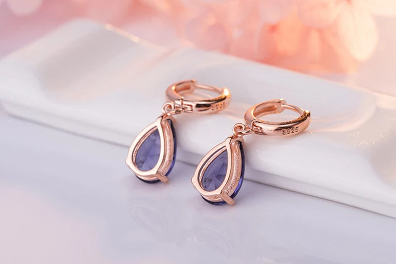 WOSIKATE Vintage Water Drop Shape Amethyst Earrings For Women 925 Sterling Silver Rose Gold Plated Drop Earrings Fashion Jewelry