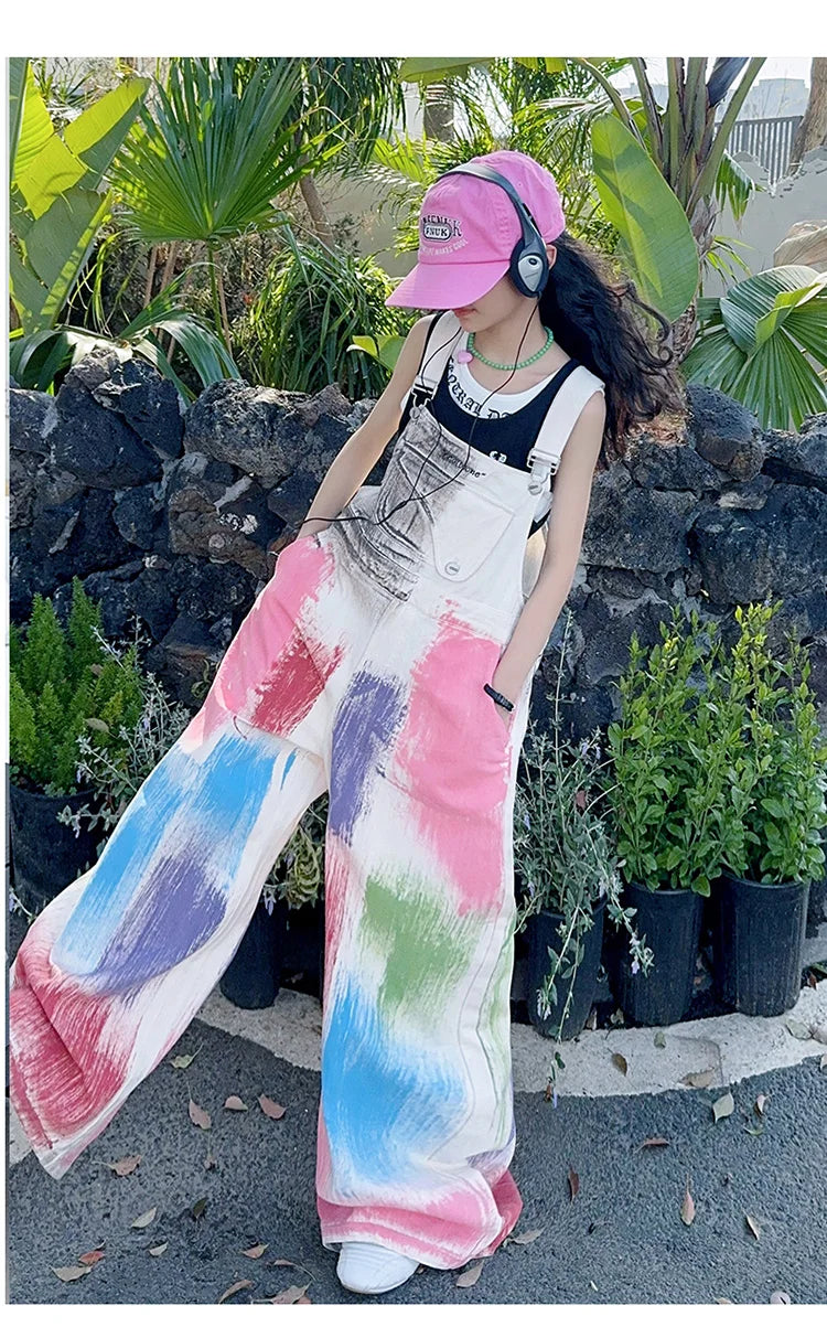 Child Stylish Denim Jumpsuit Dungarees with Drawings for Girl High Fashion Streetwear Suspender Overall Kids Colored Strap Jeans
