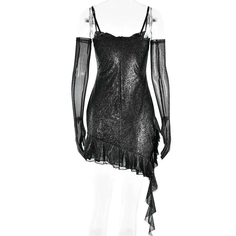 Townlike Backless Sparkle Glittar Sexy Party Dress Women Strapless Mini 2023 Summer Dress Ribbon Ruffles Slim Bodycon Dresses