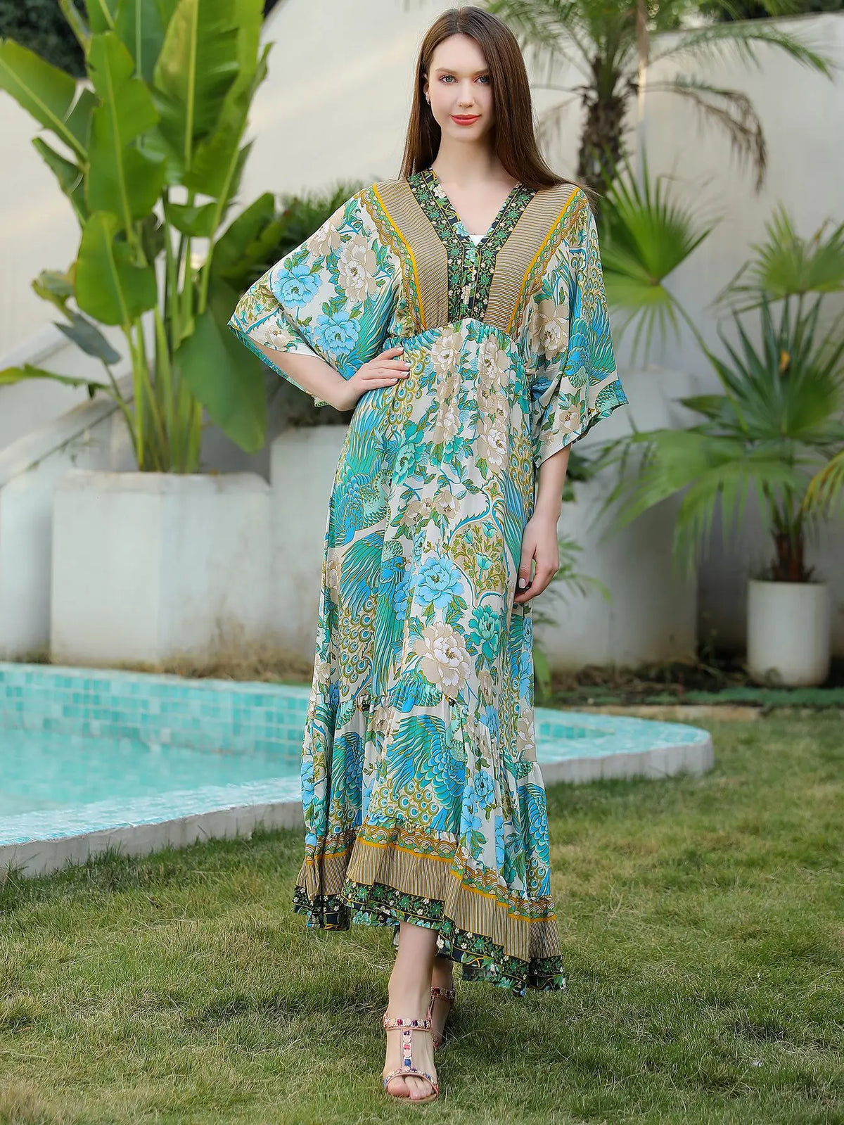 Bohemian Oversize Loose Elastic Waist Maxi Dresses Women Robe Cotton Rayon Floral Printed Long Dress Summer Boho Beach Cover up