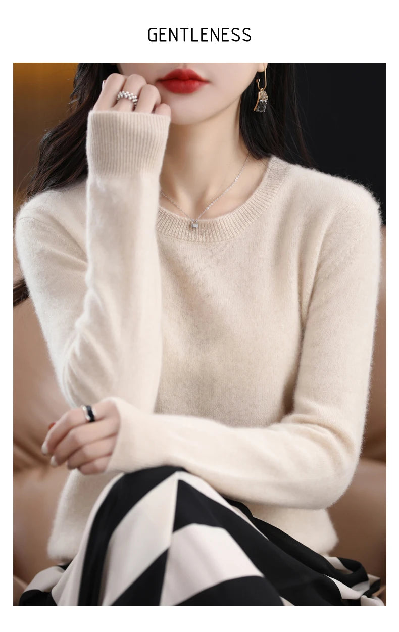 Women 100% Merino Wool Sweater O-Neck Long Sleeve Cashmere Knitwear Pullover Aliselect Fashion Autumn Winter Clothing Tops