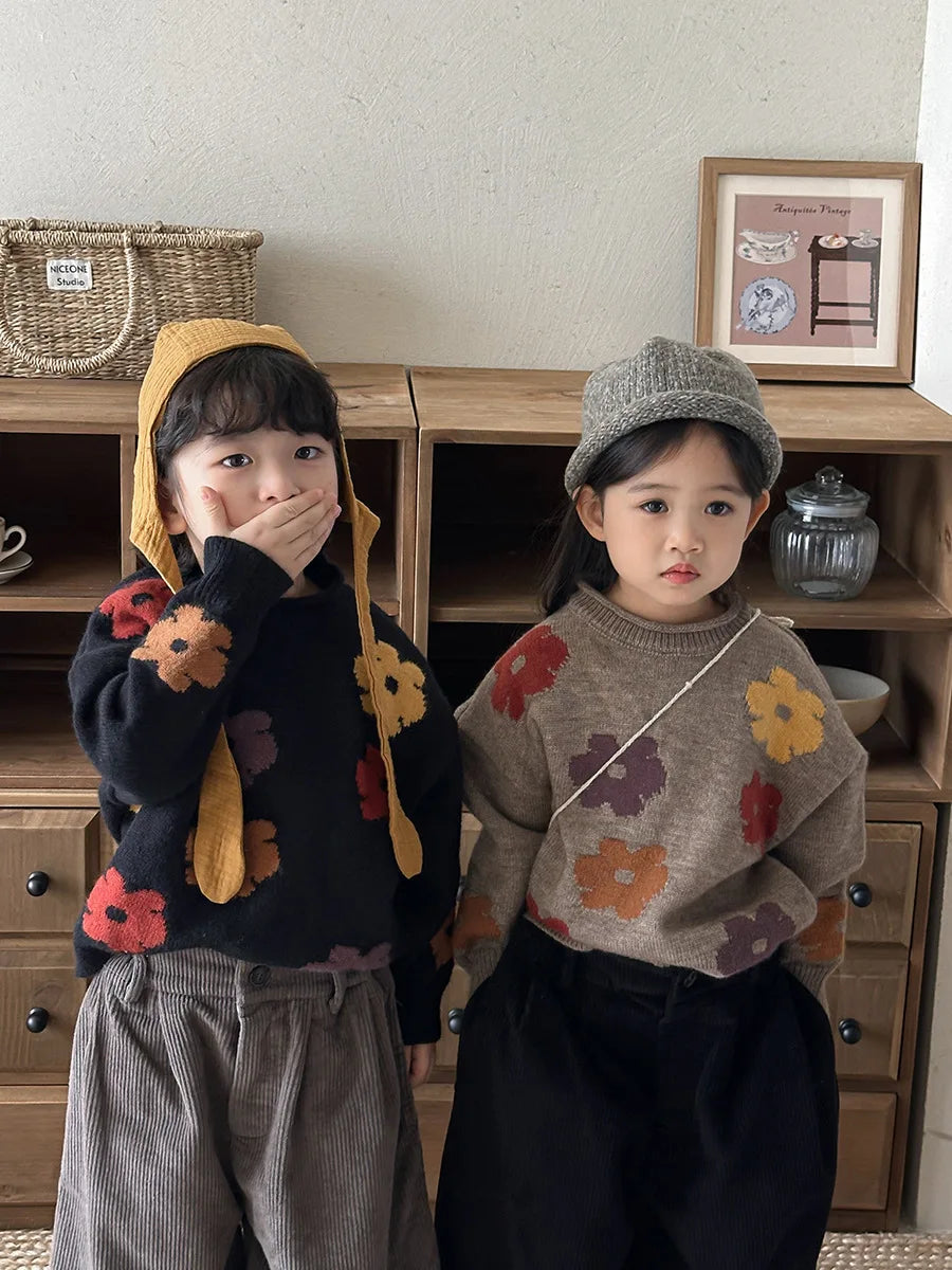 deer jonmi 2025 New Autumn Unisex Children Flowers Knitted Sweaters Retro Baby Boys Girls Pullovers Sweater