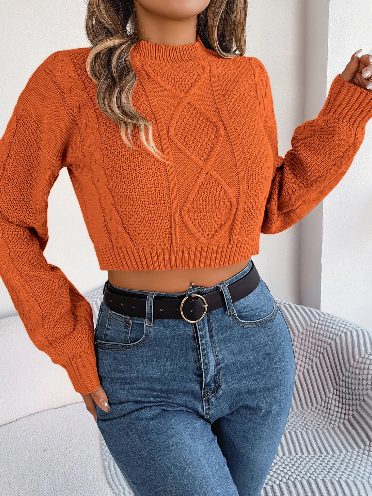 Autumn Winter Solid Color Round Neck Women Sweaters 2026 Casual Cable Knitted Long Sleeve Pullover Gray Army Green Red Crop Tops