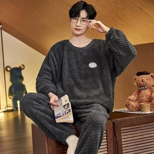 2024 Winter Men Fleece Casual Long Sleeve Pajamas Set Coral Velvet Cute Cartoon Sleepwear Male Plush Thicken Warm Homewear