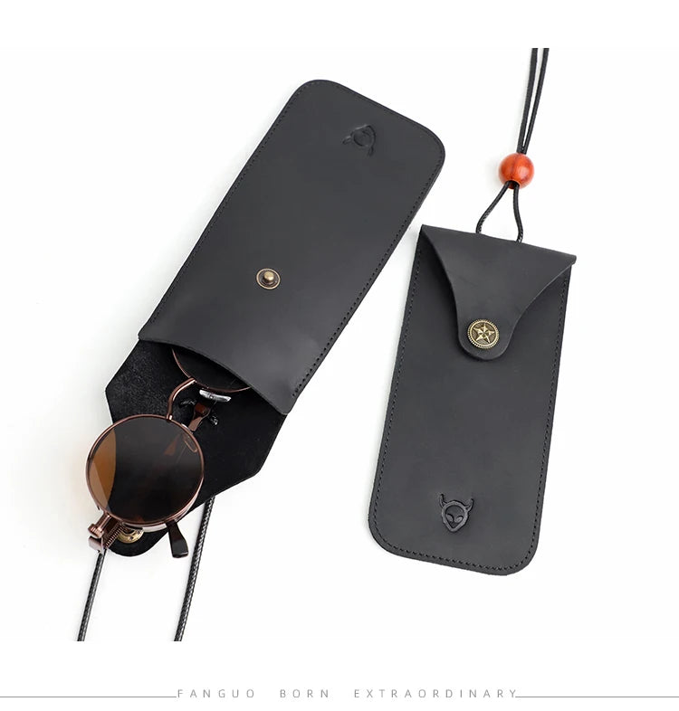 Solid Color Genuine Leather Reading Glasses Bag Case Handmade Leather Sunglasses Pouch Simple Eyewear Storage Pocket Accessories