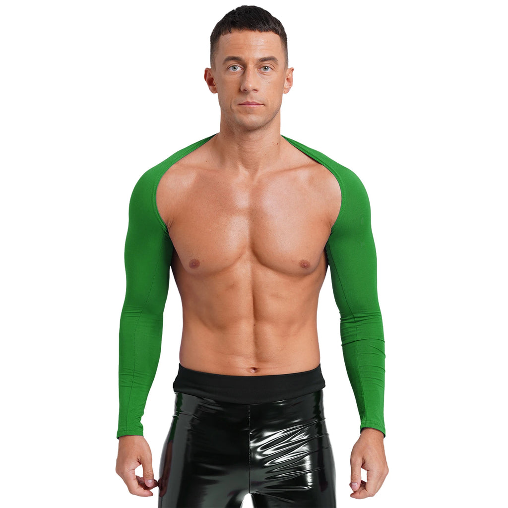 Men Open Front Half Crop Top Solid Long Sleeve Cardigan Bolero Shrug Tops Muscle Arm Sleeves Workout Sports Gym Tops Clubwear